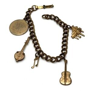 Vintage Music Themed Charm Bracelet Bronze Tone Piano Banjo Guitar Rock "N" Roll